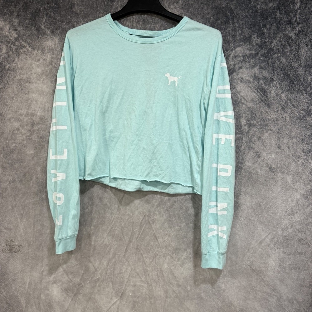 Victoria's Secret Baby Blue Lace Up Long Sleeve Blouse Love Pink Spell out M